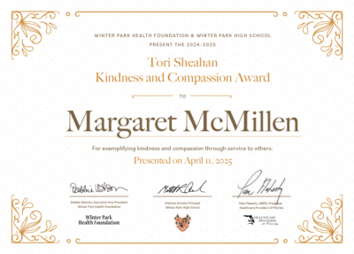 Tori Sheahan Award Certificate